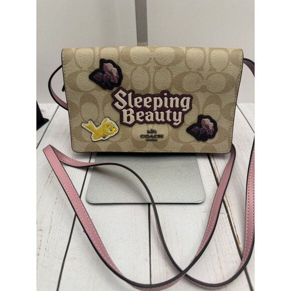 Coach Disney Sleeping Beauty Leather Pink Beige Wallet Crossbody Bag 8x5” EUC - Picture 1 of 7